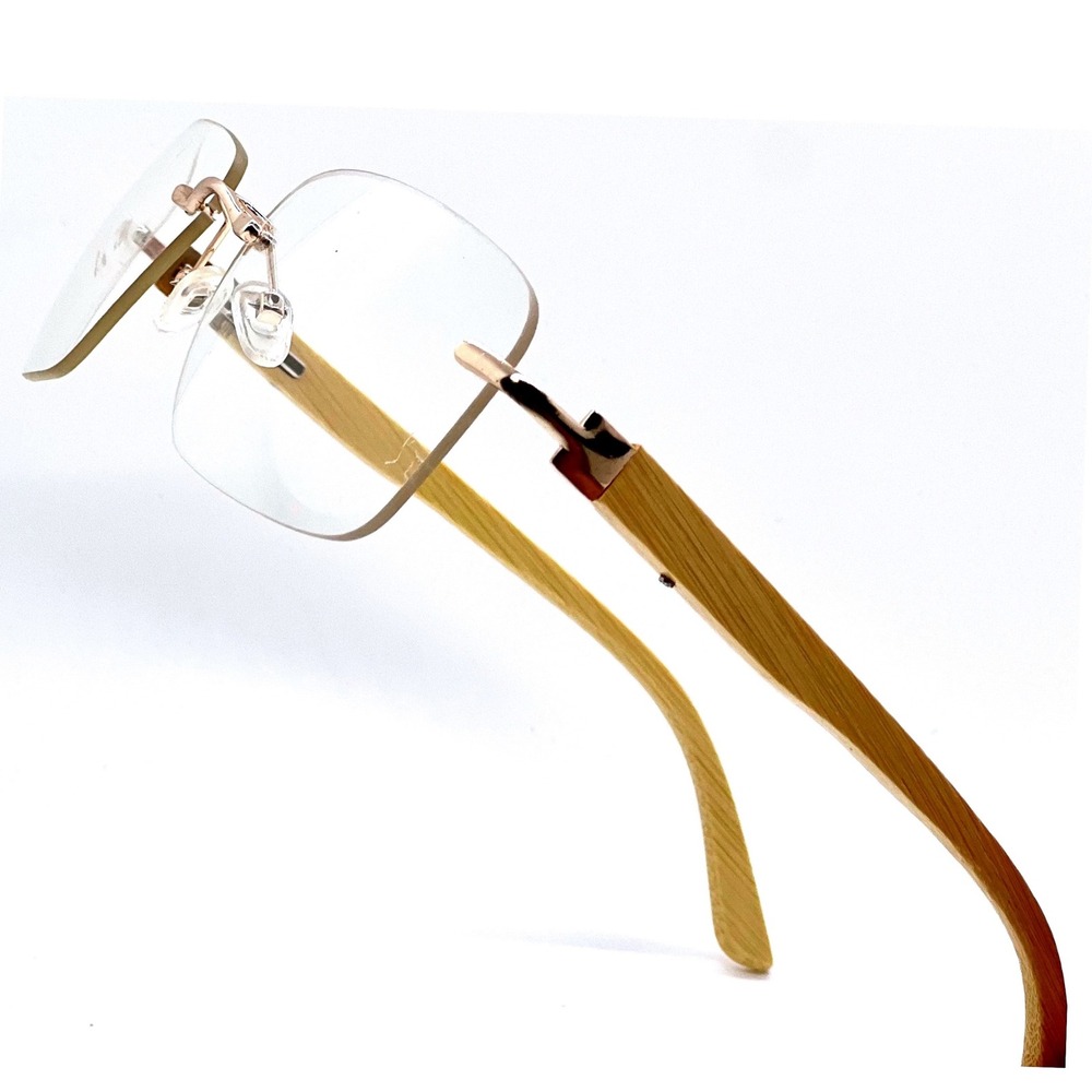 Rimless Glasses Wood Temple Clear Lens Lightweight Fashion Eyeglasses UV400‎ New